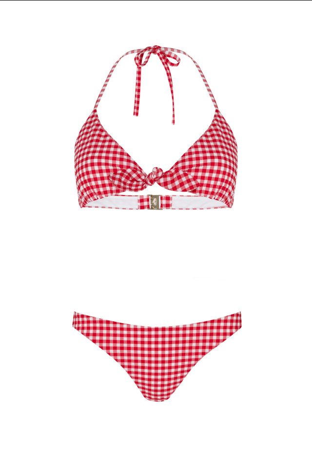 red and white gingham bikini with tie detail at the front