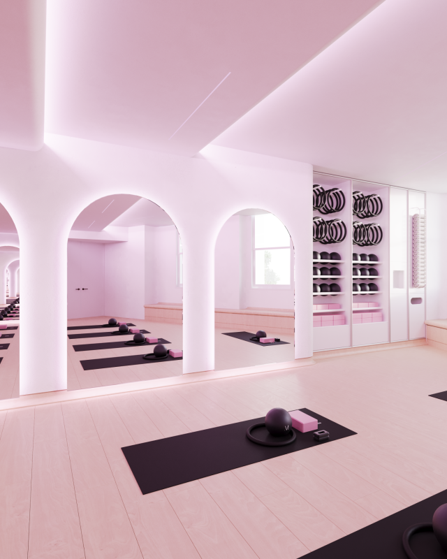 studio with mirrors and pink lighting