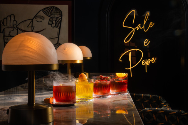 four negronis styled on a marble top counter at sale e pepe restaurant in knightsbridge
