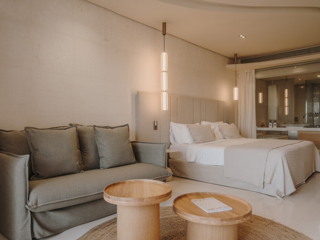 junior suite with pool view at aguas de ibiza