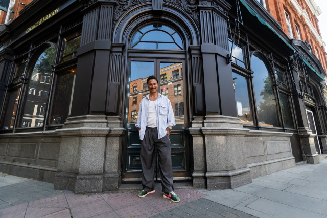 marc francis-baum stood outside his pub, George & Dragon