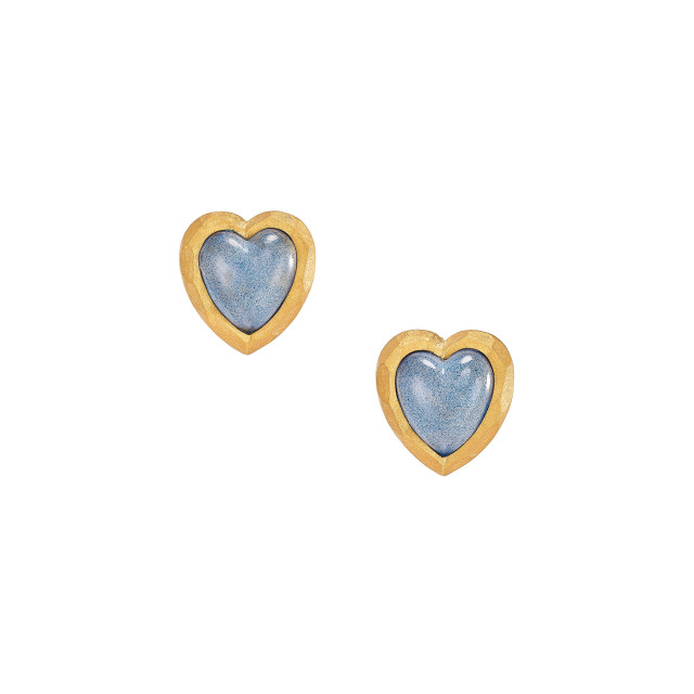 gold heart earrings with blue stone