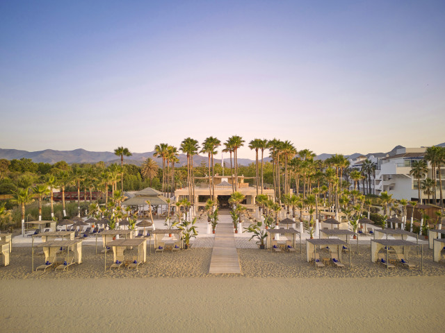 beach restaurant with palm trees and mountains in the background