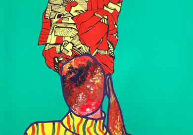 A faceless figure, adorned with a vibrant, patterned headdress and striped clothing, stands against a turquoise background.