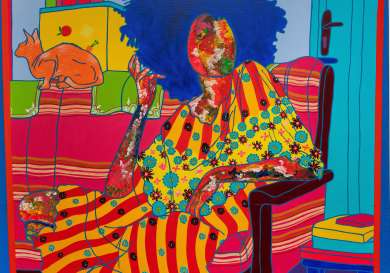 A vibrant painting shows a person with a colorful, patterned face lounging on a striped, red couch.