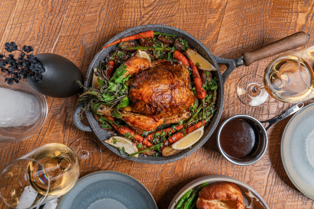 aerial dish of roast chicken at bokan restaurant