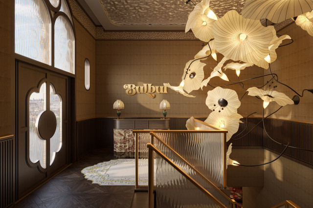 CGI image of restaurant lobby area 