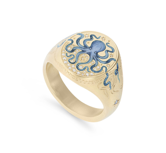 gold signet ring with blue octopus design and diamonds
