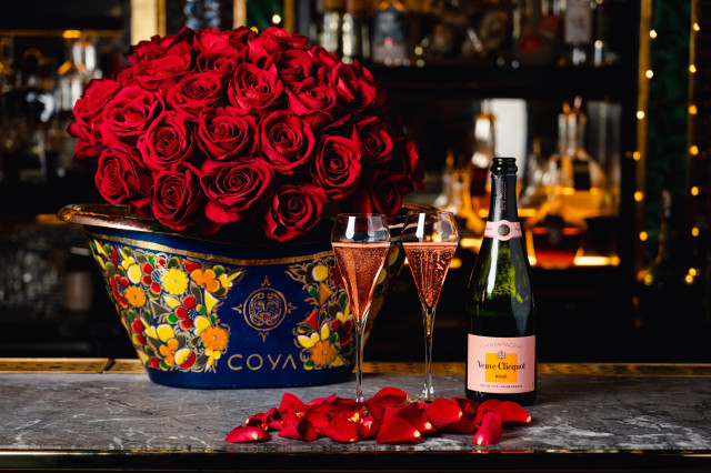 champagne and roses at COYA restaurant 
