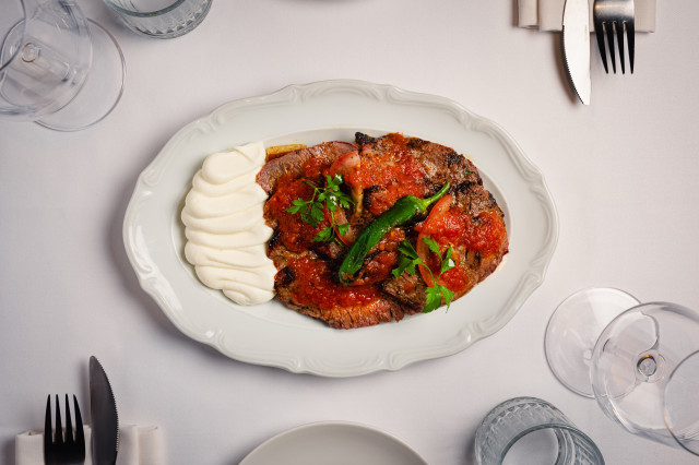 dish at turkish restaurant with yoghurt side 