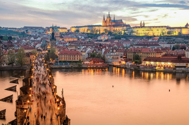 charles bridge at sunset in prague