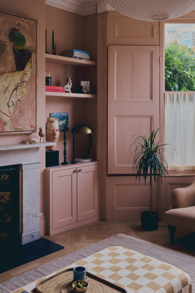 living room with plaster-pink paint colour