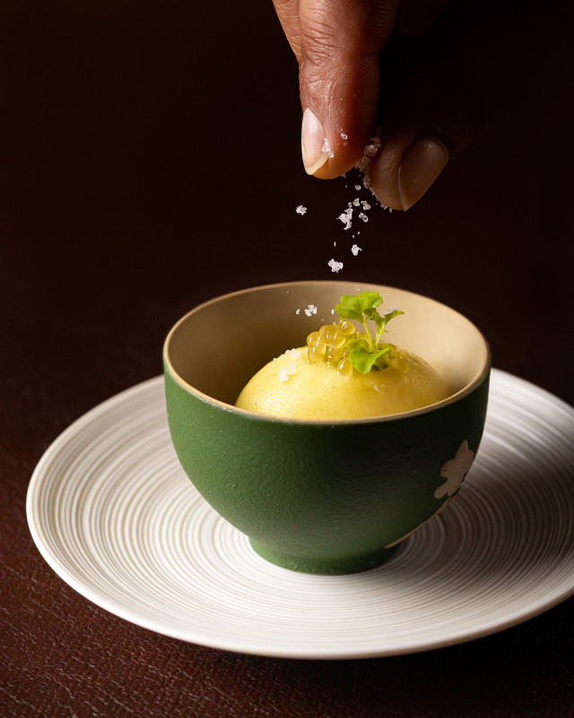 dish served at restaurant with sprinkling of salt 