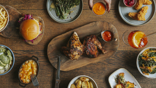 aerial photo of chicken with side dishes