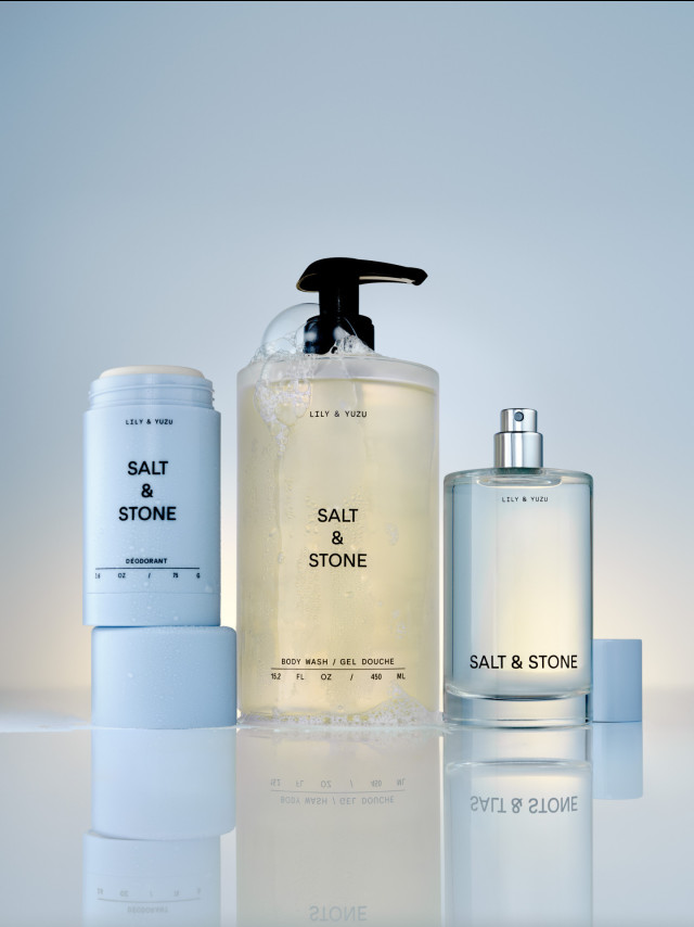 trio of salt & stone products with light blue packaging