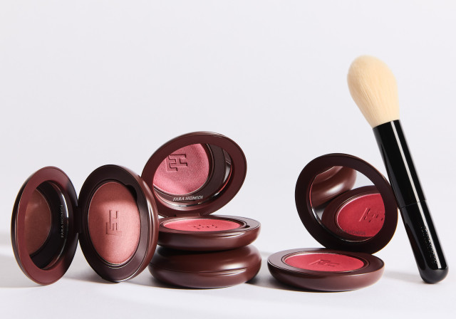 three blush-bronzer hybrid products on white background with brush