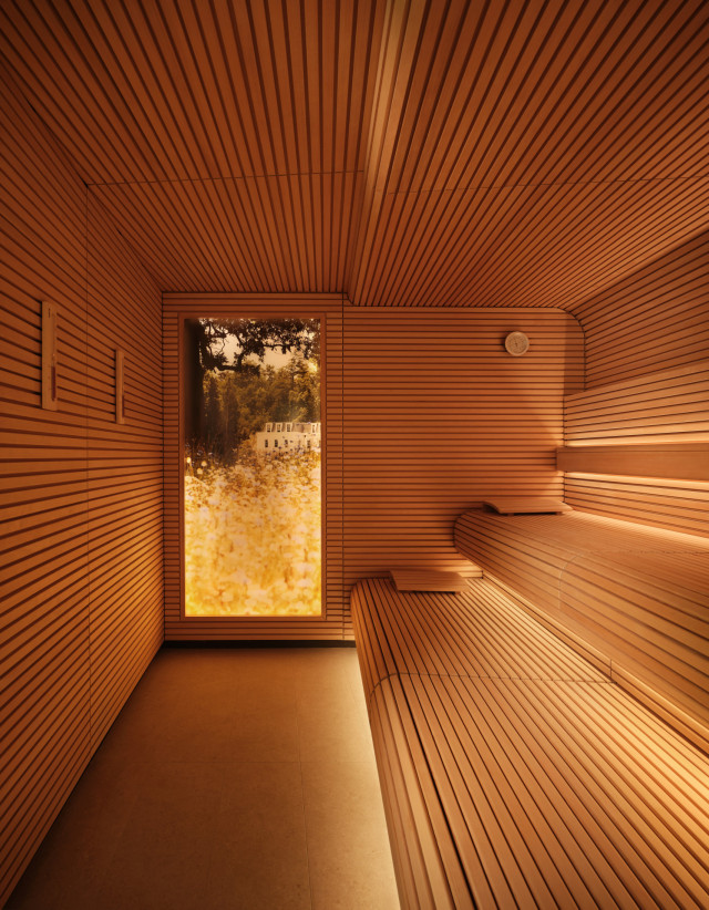 sauna room with tiered seating at coworth park 