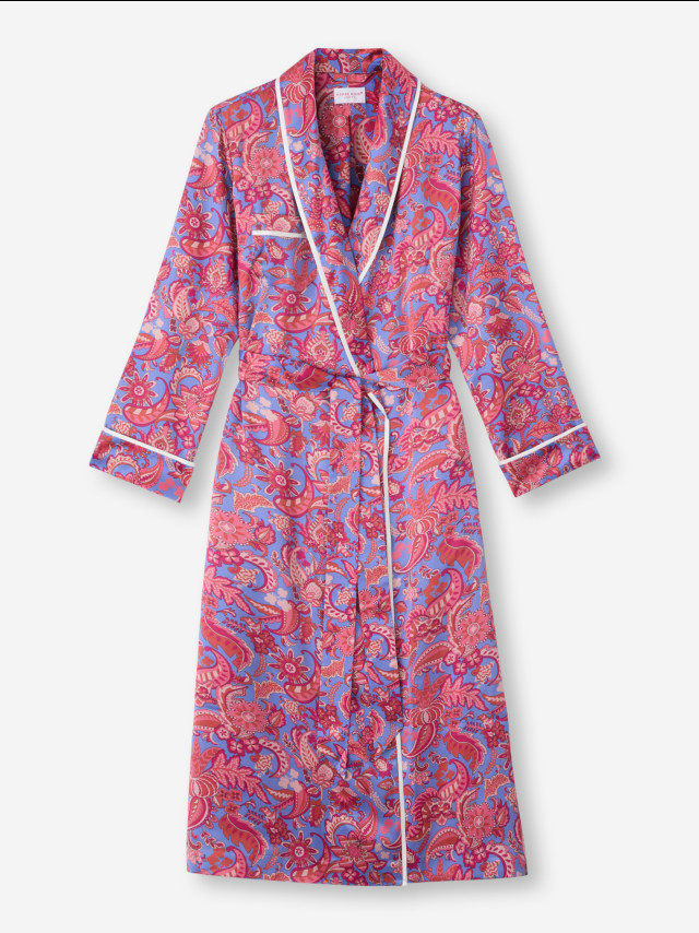 derek rose silk gown with pink and blue paisley print