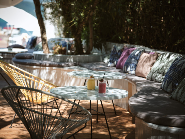 outdoor seated area at Greek hotel