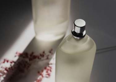 Perfume bottle with rose petals in the background.