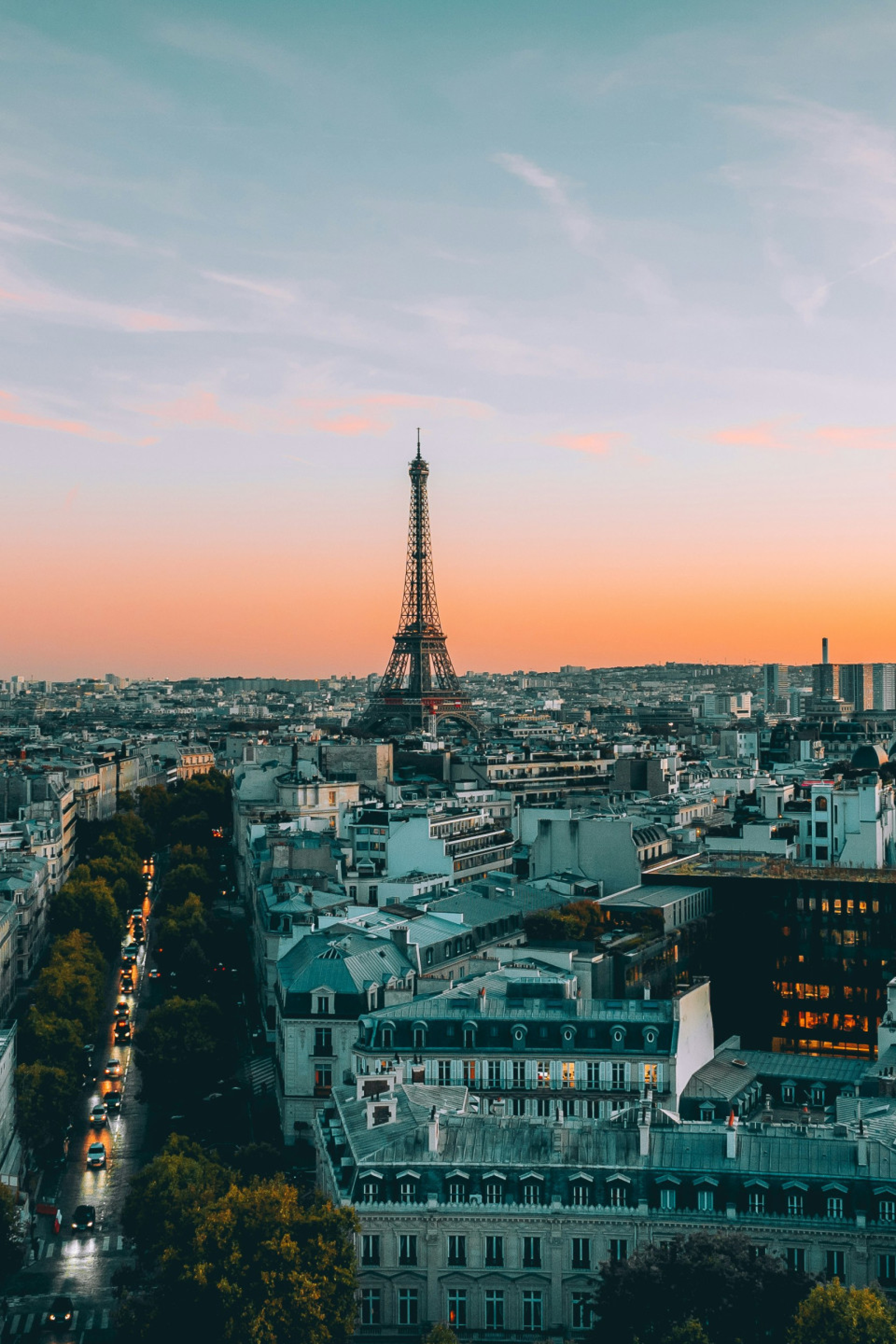 skyline view of paris with sunset 