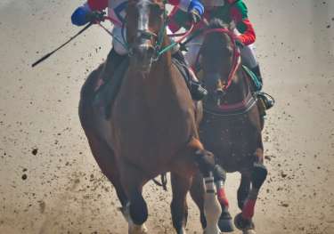 Jockeys racing their horses on a dirt path.