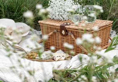 Wicker picnic basket with picnic rug and cheeses.