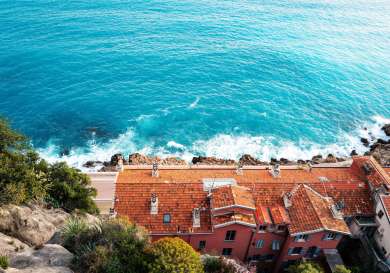 Aerial view of houses near the sea in France.