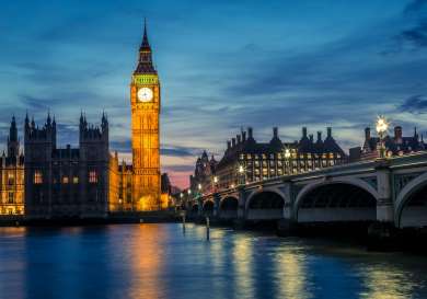 View of big ben in london after sunset.
