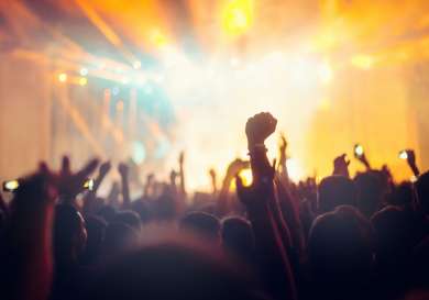 People at music concert with their arms in the air .