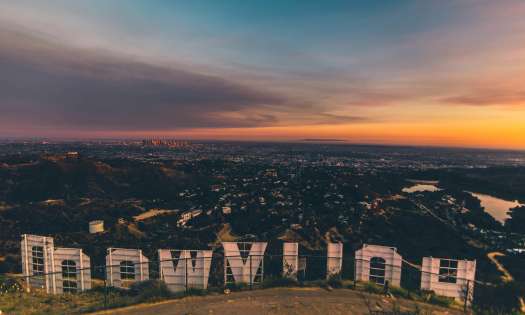 Back of the Hollywood sign at sunset.