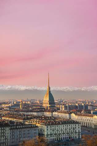 City skyline during a pink sunset.