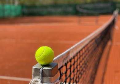Tennis ball sitting on the end of a net on a court.