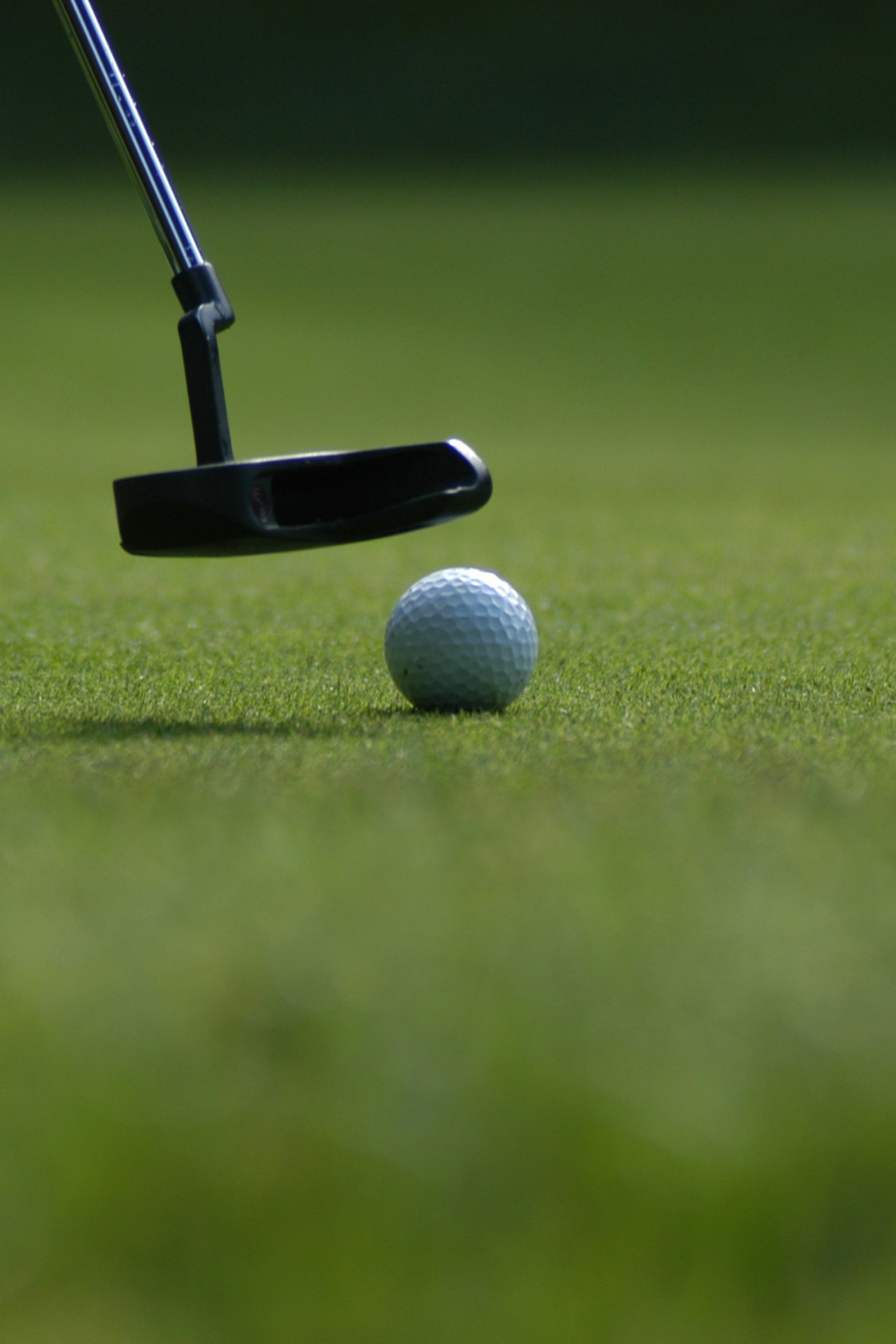 golf ball and a small golf club with a shoe to the left on grass