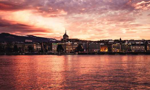 Geneva city and sea during golden hour.