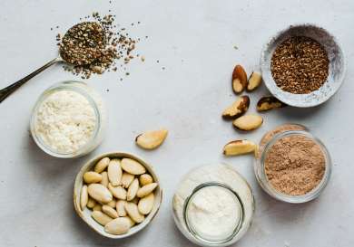 Array of healthy nuts and supplements .