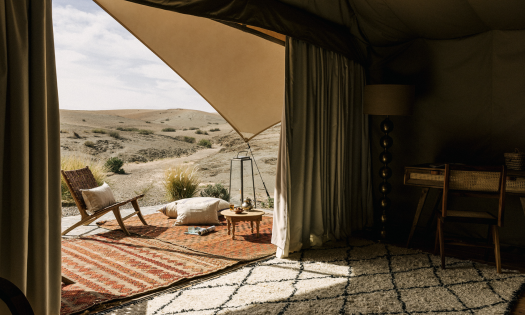 Luxurious tent with desert view.