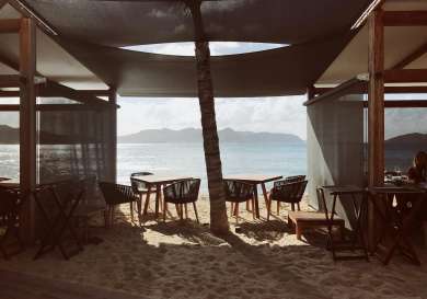 Restaurant on the beach looking out towards the ocean.