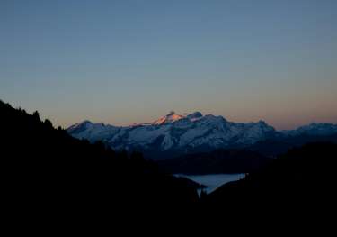 Landscape of Gstaad, Switzerland at sunset/dusk.