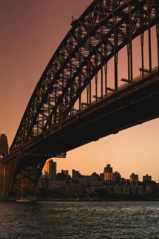 Sydney harbour bridge at sunset.