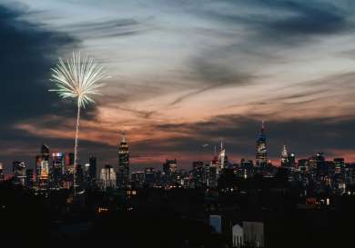New York City skyline with firework.