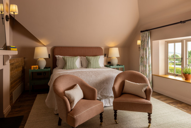 hotel suite with netural tones and putty-hued walls