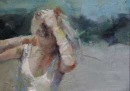Ballerina tying her hair up in a ponytail painting.