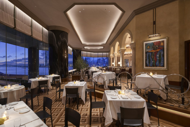 main dining room in hotel with marble columns