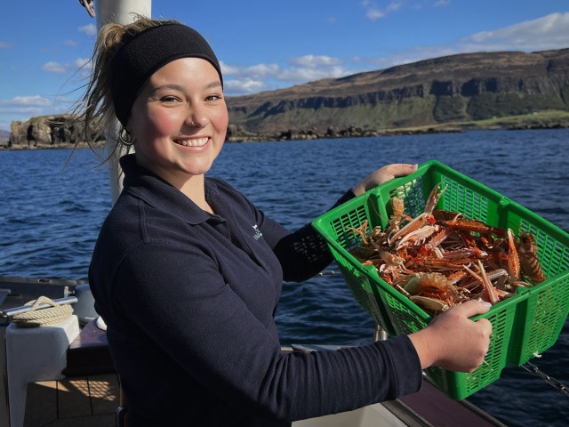 woman holding a crate of fresh seafood in the hebrides