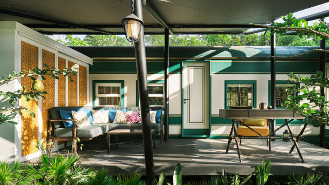 train carriage-style room with outdoor terrace
