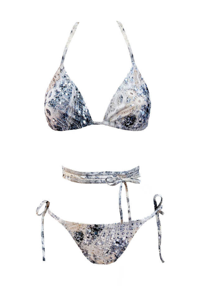 silver bikini with sequin pattern and waist-tie detail