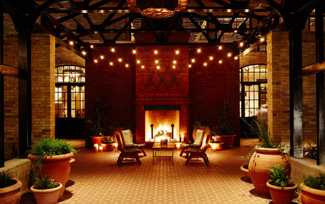Hotel lobby entrance with crackling fire