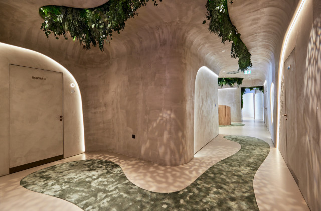 corridor inside beauty clinic with green foliage details suspended from ceiling 