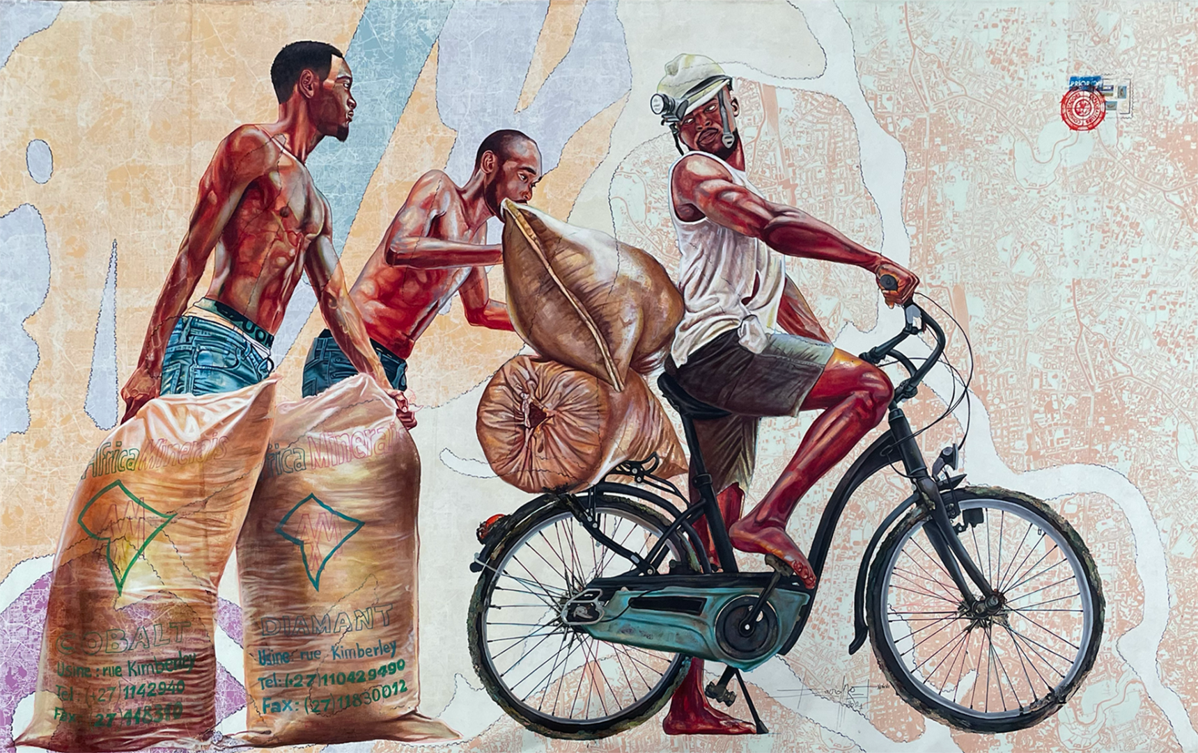 Jean David Nkot painting - one man on a bike carrying sacks and 2 men helping